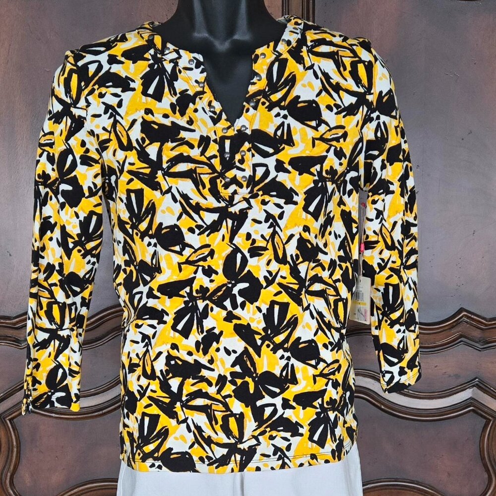 Rafaella Yellow & Black (Bold Sunrise) Top - 3/4 Sleeve Size Medium